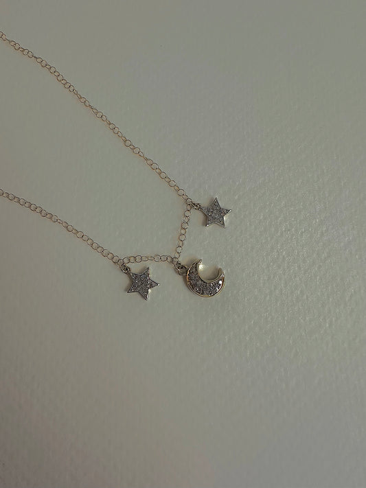 14k Gold and Diamond Moon and Stars Necklaces